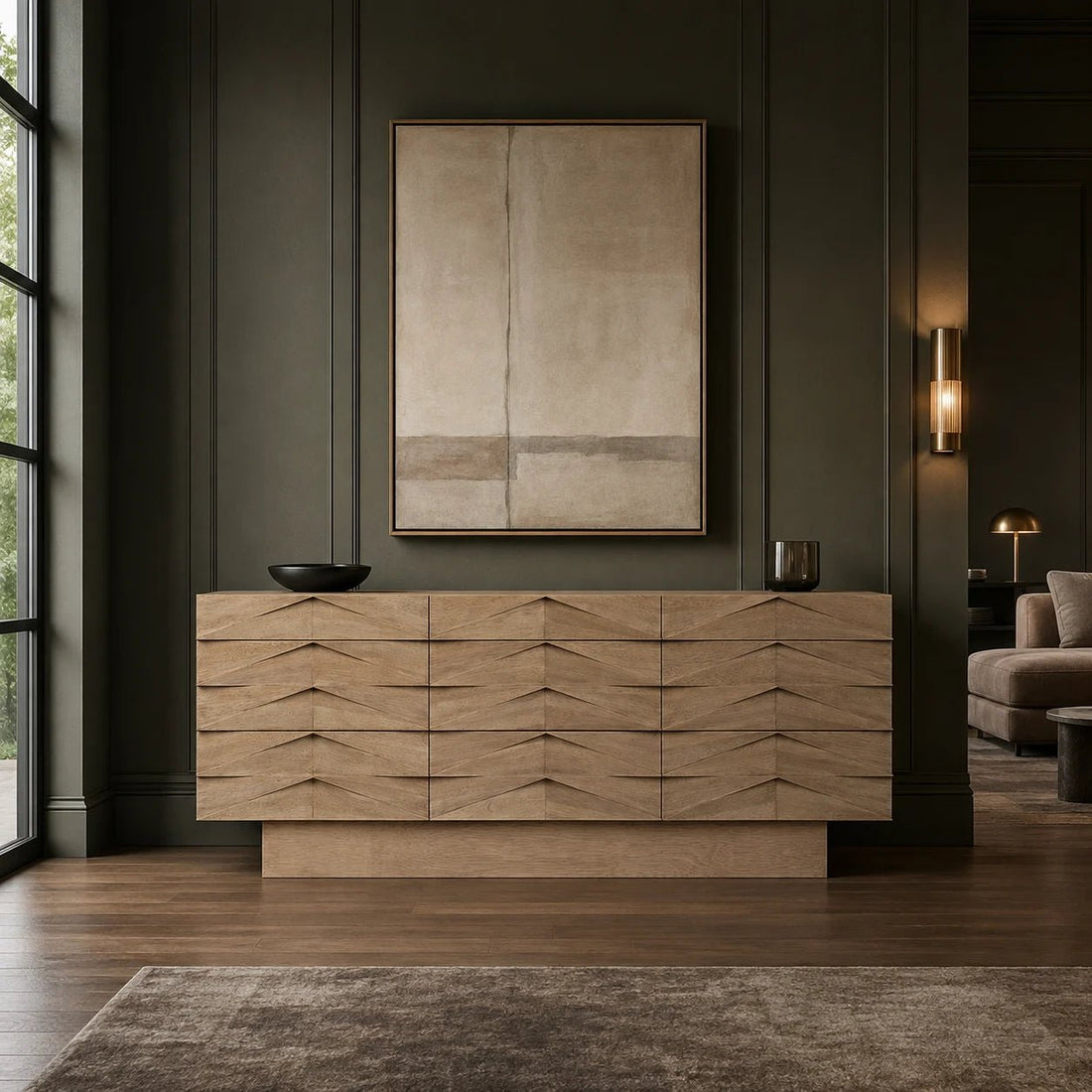 Drake Sideboard in Washed Walnut by Noir (GCON306WAW). Each of this refined washed walnut sideboard's nine drawers are beautifully embellished with a repeating hand-carved pattern. Shown in a bedroom.