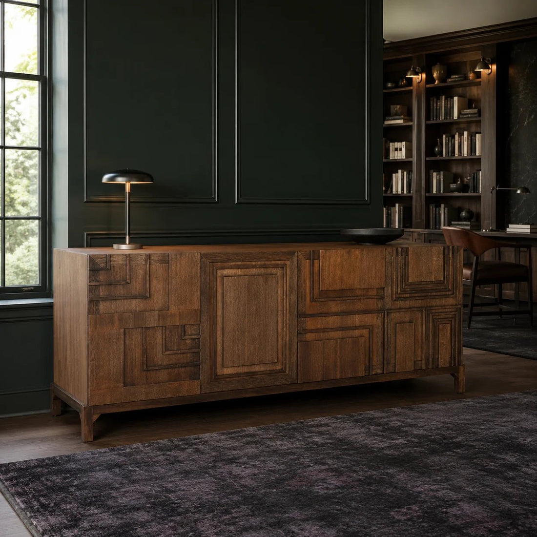 Holden Sideboard in Dark Walnut by Noir (GCON367DW). Bold, handcrafted geometric fretwork in the manner of Mondrian cover the four doors of the handsome Holden Sideboard. Shown in a dining room.