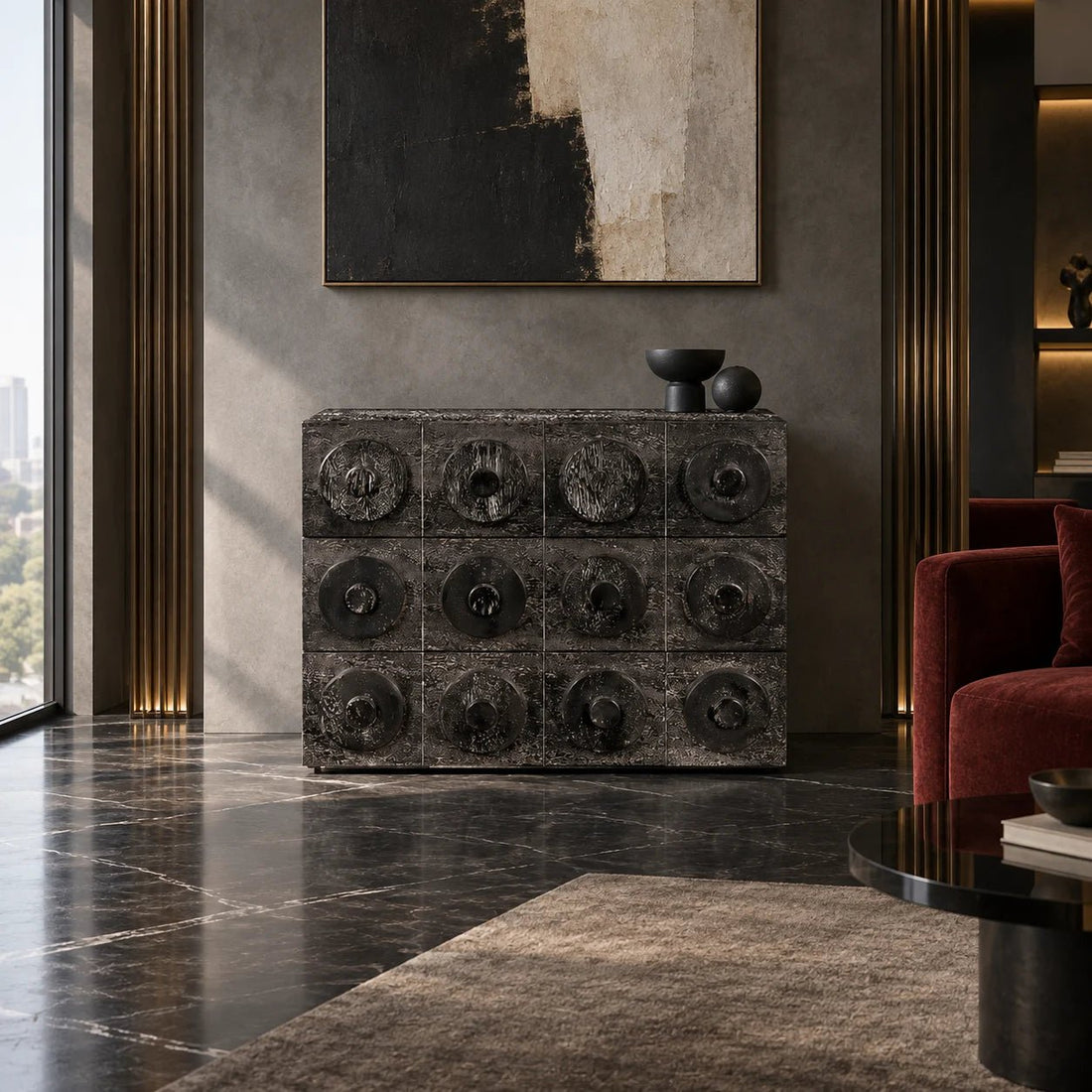 Lego Sideboard with 3 Drawers in Black Walnut by Noir (GCON380BKW). The Lego Sideboard is a sculptural piece inspired by mid-century modern design, featuring a grid of stacked circular drawer fronts. Shown in a dining room.
