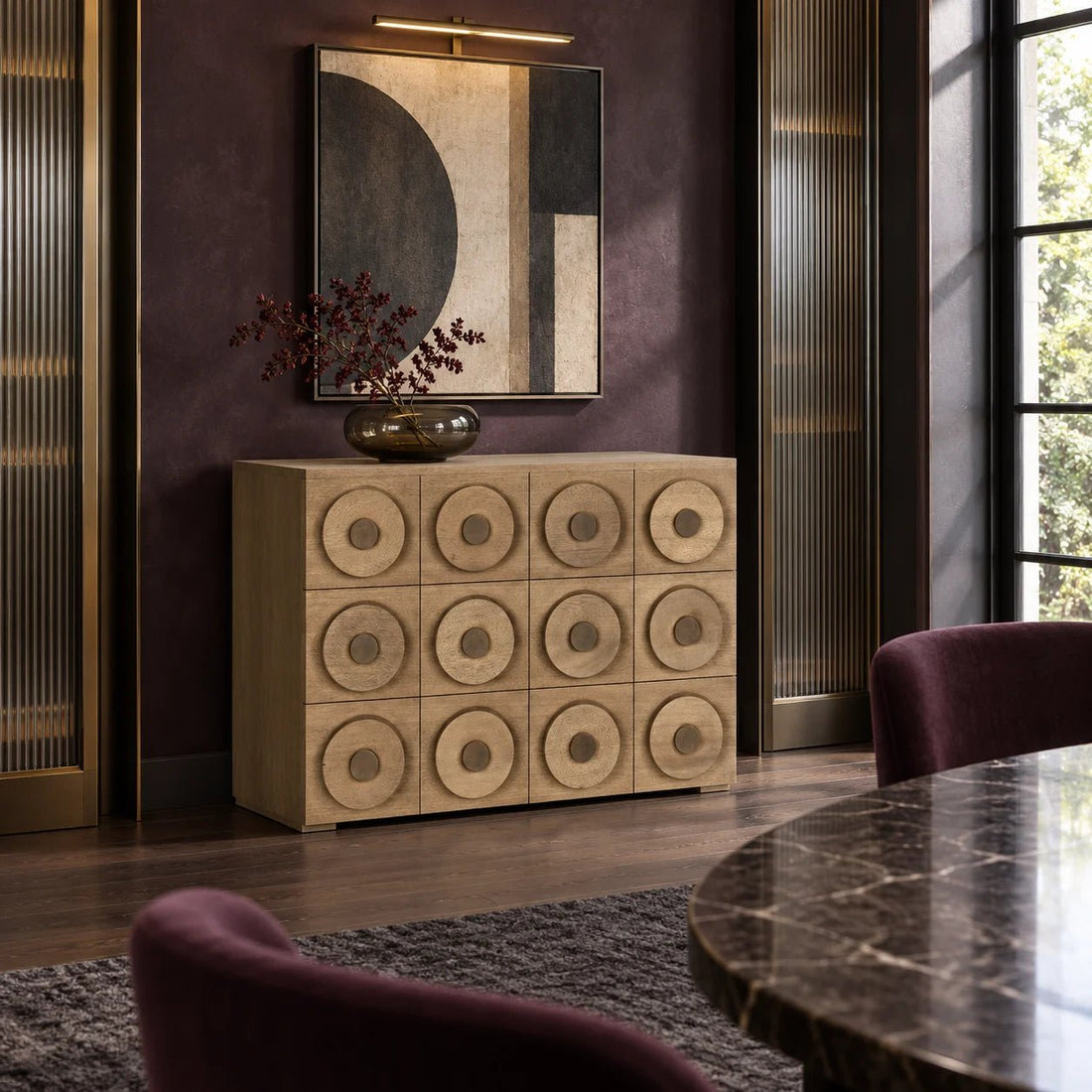 Lego Sideboard with 3 Drawers in Washed Walnut by Noir (GCON380WAW). Crafted from premium walnut and veneer, it radiates natural warmth and sophistication with its wash walnut finish. Shown in a living room.