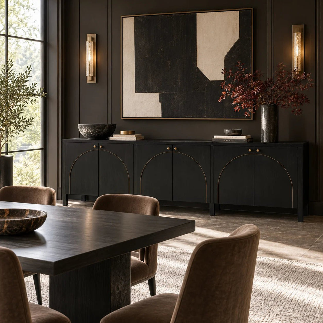 117" Extra Long Hand Rubbed Black Sideboard with Brown Trim. Crafted from rich mahogany and veneer, it features a hand-rubbed black finish accented with light brown trim, creating a timeless contrast that suits a variety of interiors. Shown in a dining room.