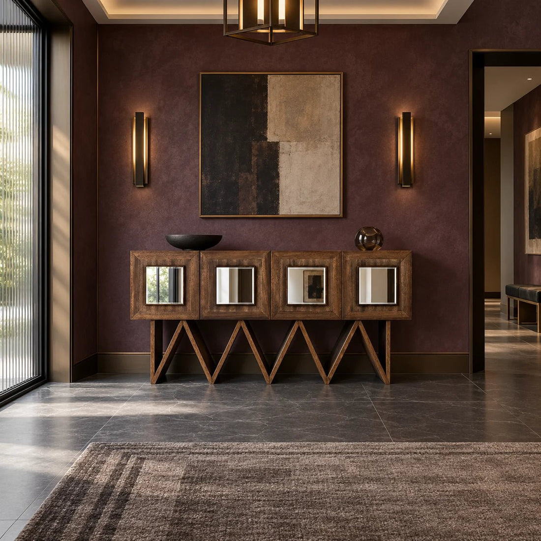 Jean-Michel Sideboard Dark Walnut with Mirror by Noir (GCON394DW). Handcrafted of walnut wood and finished in Dark Walnut emphsizes the natural features of wood. Shown in a dining room.