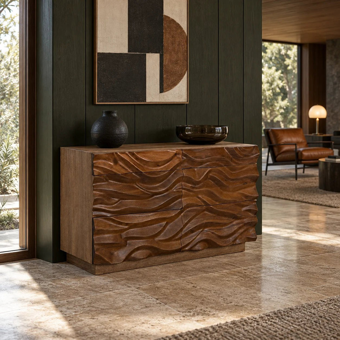 48" Dark Walnut Compact Sideboard Cabinet. A dazzling display of design virtuosity, the artisan crafted Mirage Sideboard features walnut wood, finished in a beautiful dark walnut. Shown in a bedroom.