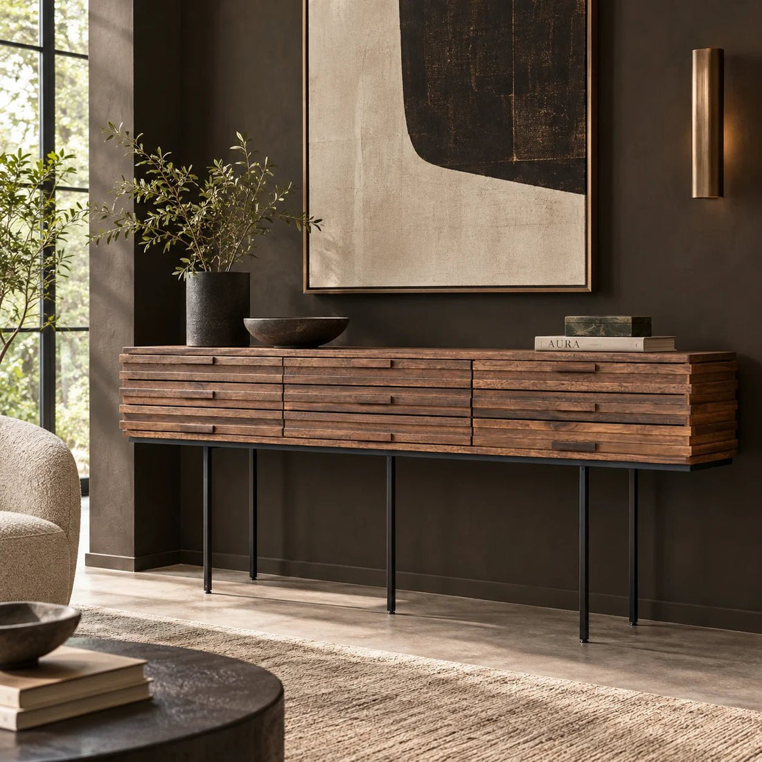 73" Dark Walnut Mid Century Sideboard. The Zodiac Sideboard is meticulously crafted from premium Walnut wood, ensuring that each piece is unique with its own distinct characteristics. Shown in a dining room.
