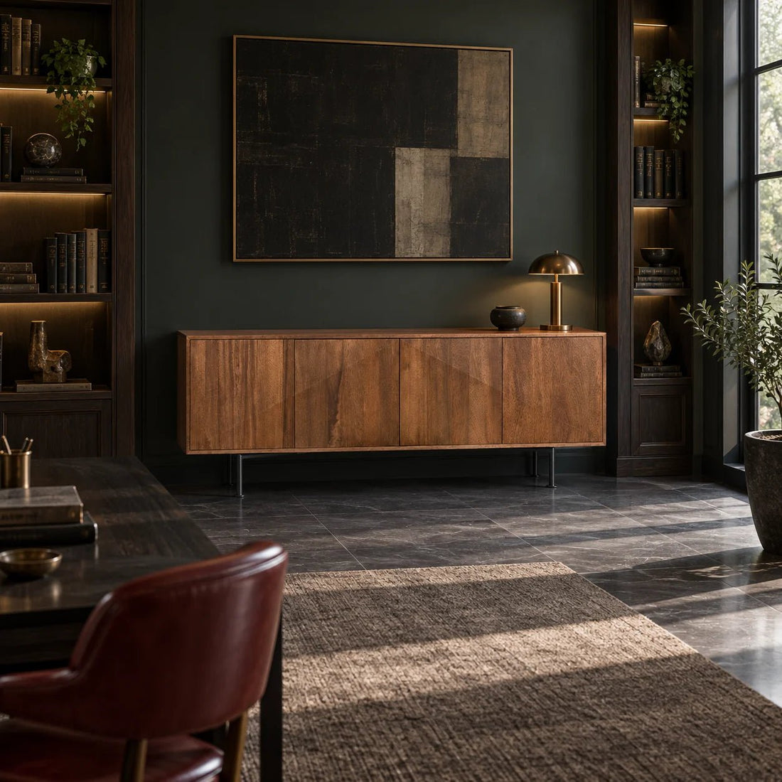 Lionell Sideboard in Dark Walnut by Noir (GCON433DW). Crafted from a combination of Walnut wood, veneer, and industrial steel, the Lionell Sideboard marries natural beauty with rugged durability. Shown in a dining room.