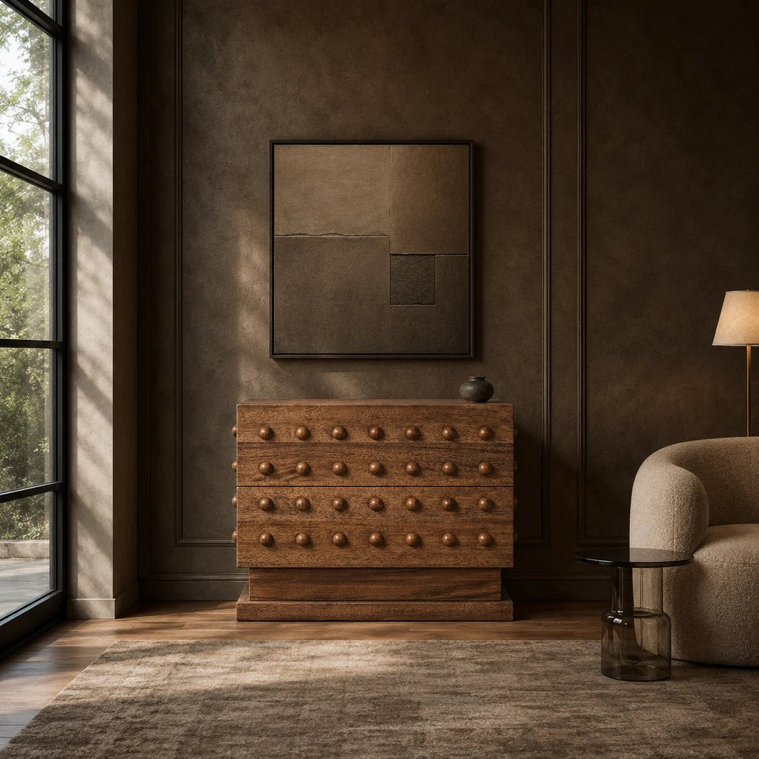 Didier Sideboard in Dark Walnut by Noir (GCON449DW). The Didier Sideboard in Dark Walnut combines refined elegance with exceptional functionality. Shown in a living room.