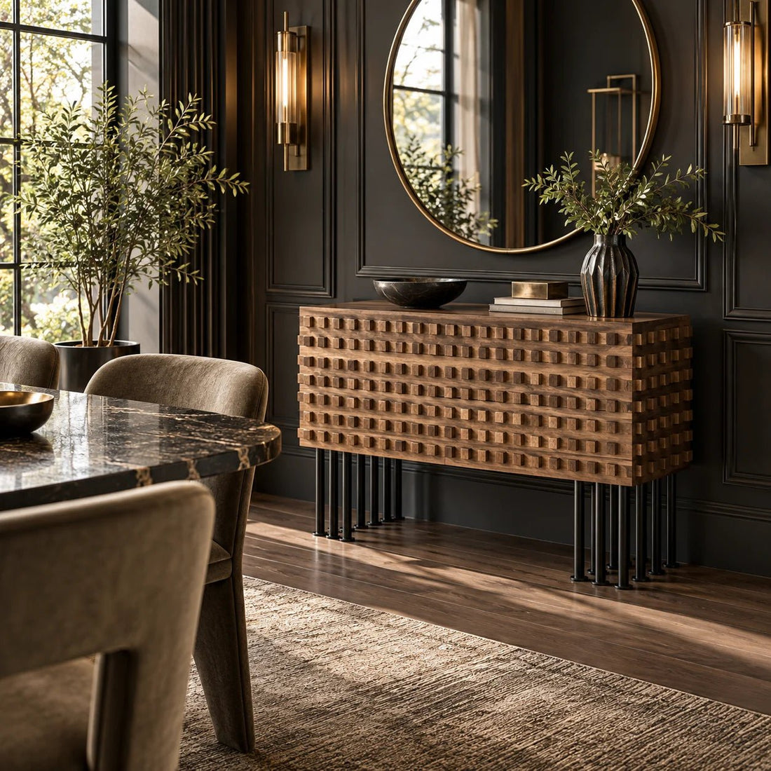 45" Dark Walnut Sideboard with Matte Black Iron Frame. Featuring a rich dark walnut finish with a sleek matte black industrial steel base, this sideboard offers a sophisticated yet rugged aesthetic. Shown in a dining room.