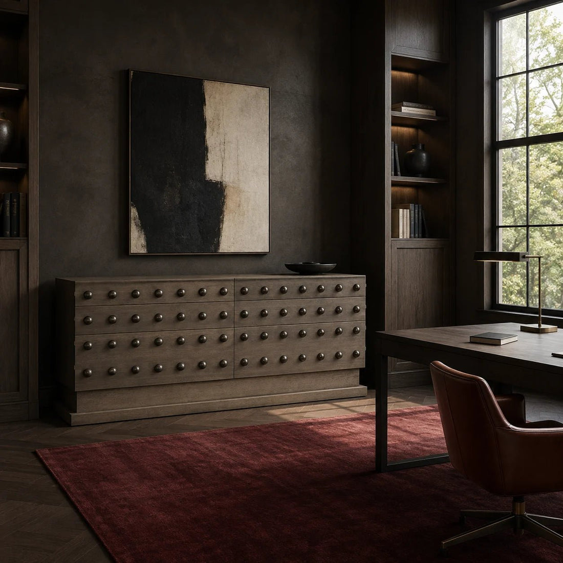 Didier Sideboard in Greige Walnut by Noir (GCON454GEW). This six-drawer sideboard features a Greige walnut finish, clean lines, and sculptural domed drawer pulls. Shown in a dining room.