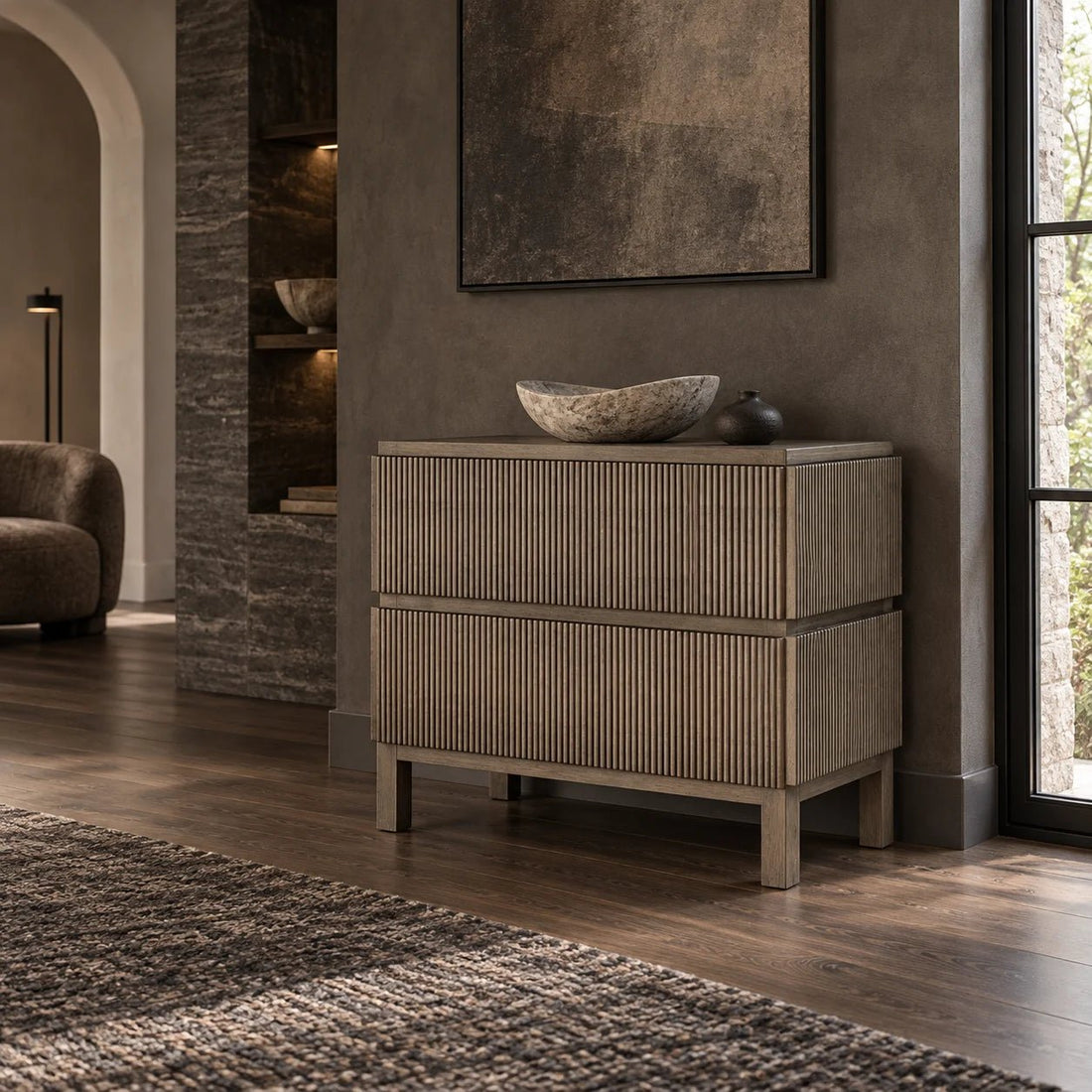 38" Greige Walnut Low Profile Compact Sideboard. Shown in a dining room.