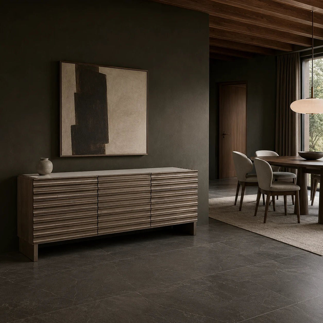Gauss Sideboard with Marble Top in Greige Walnut by Noir (GCON463GEW). A sculptural walnut credenza in our Greige finish features six fluted drawer fronts, a white marble slab top, softened architectural lines, and integrated slab legs. Shown in a dining room.