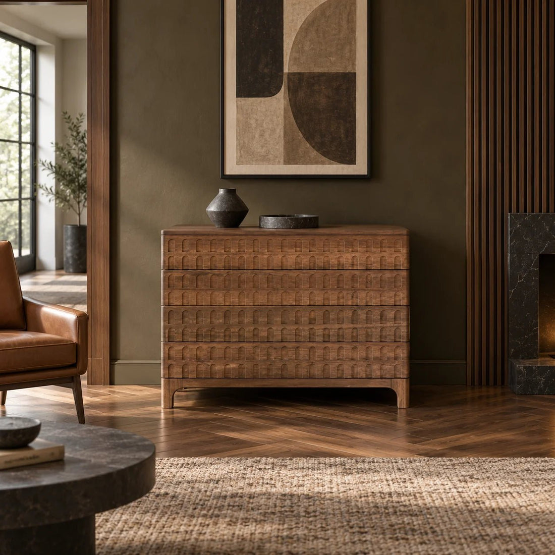 39" Dark Walnut Compact Sideboard Chest. Crafted from high-quality Walnut wood and veneer, the Regent Sideboard boasts both durability and natural beauty. Shown in a bedroom.