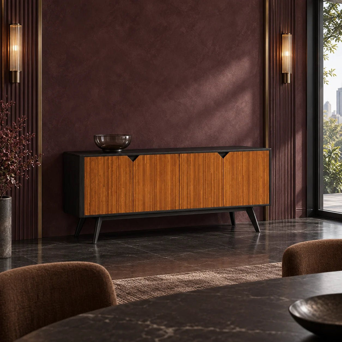 Solid Bamboo Sideboard, Amber - Sonoma by Greenington. Amber door fronts stay visually quiet. Shown in a dining room.