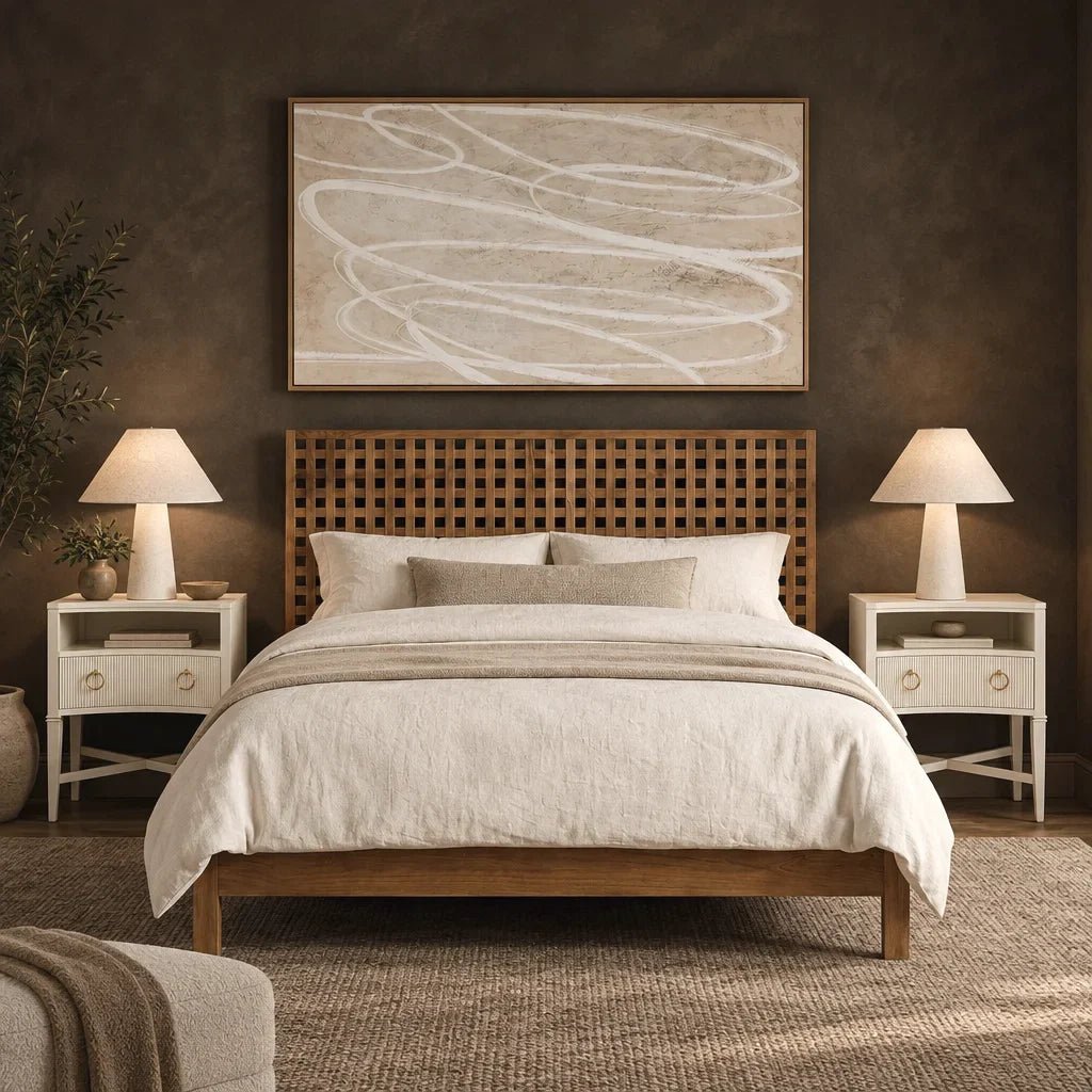 24" Reeded Petite Nightstand - Linen by Ambella Home. The petite version of our existing Reeded Nightstand, this bedside table features one reeded drawer with brass ring pulls raised over tall tapering legs and X stretchers. Shown in a bedroom.