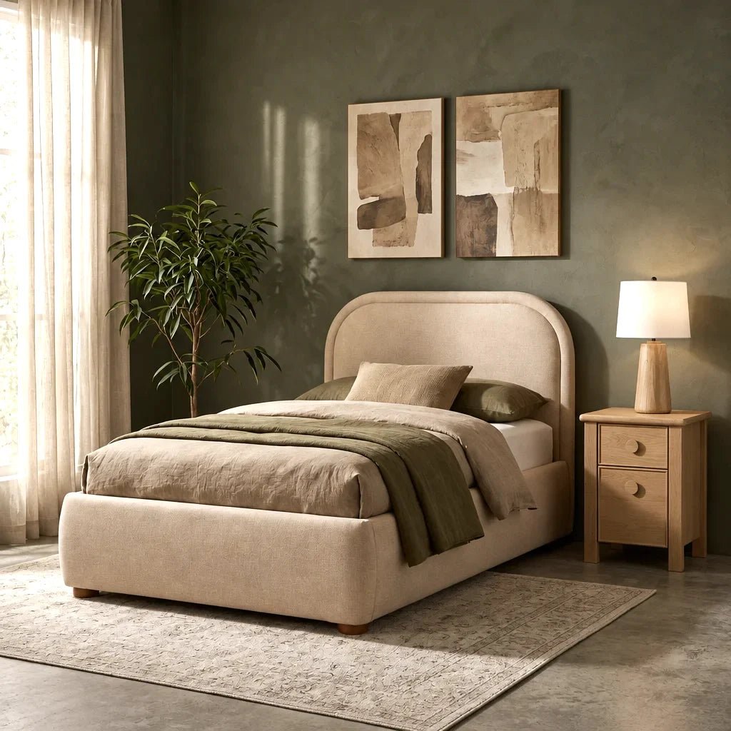 Modern Natural Oak Nightstand with 2 Drawers. Narrow Natural Oak Nightstand with Two Soft-Close Drawers Eighteen inches wide is the size that solves a tight bedroom. Shown in a bedroom.