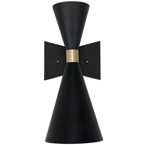 17" Matte Black and Brass Double Cone Wall Sconce