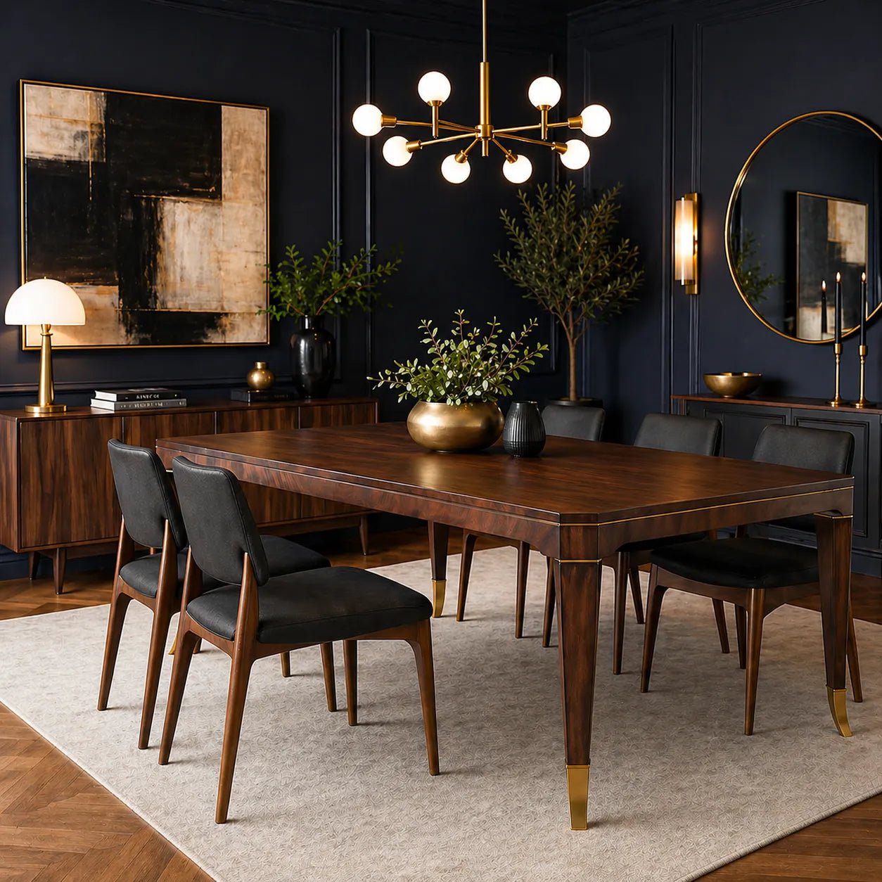Dining room with wooden table and chairs, dark walls, and decorative lighting.