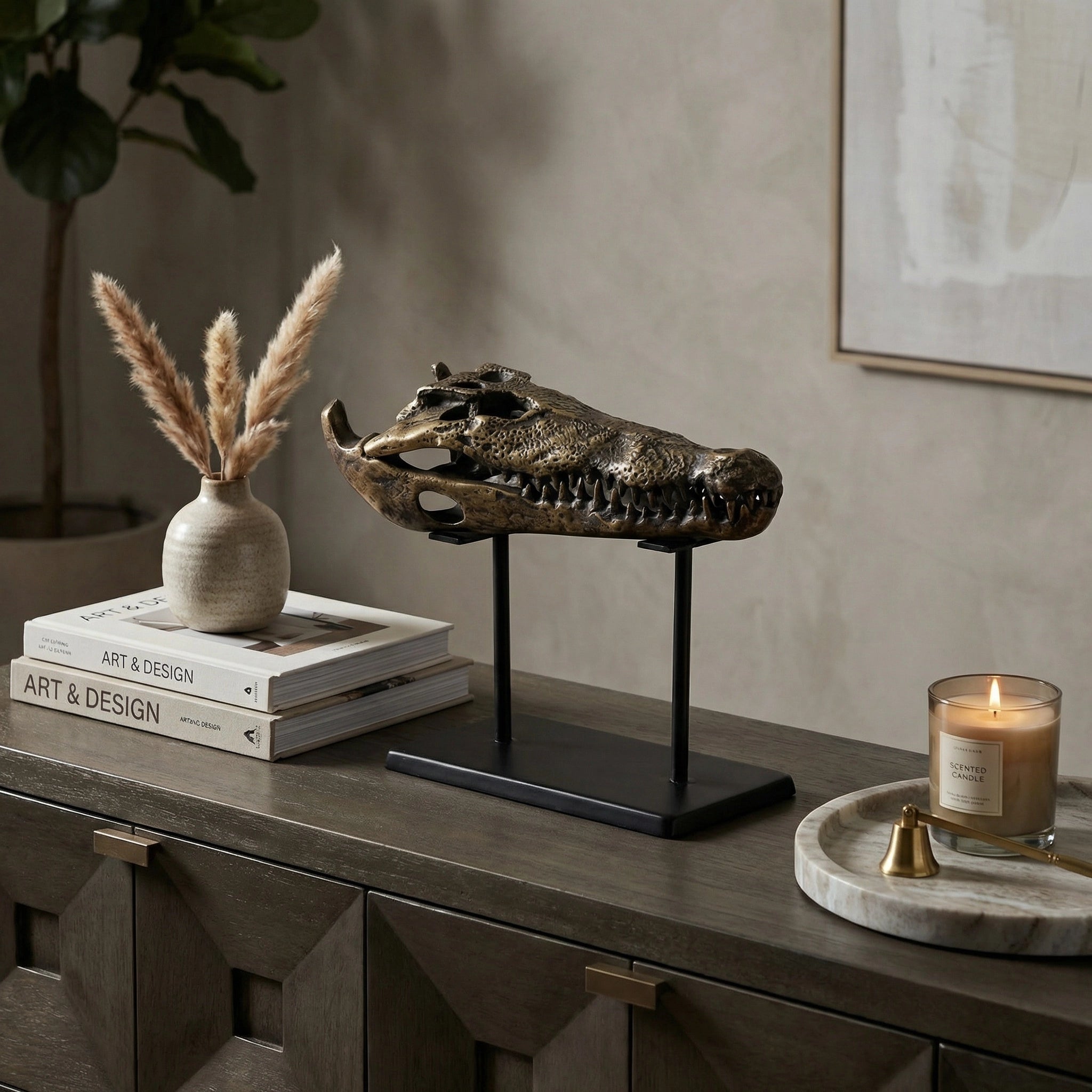Brass Alligator On Stand Small In Antique Brass With Matte Black Base By Noir Ab 83S 1