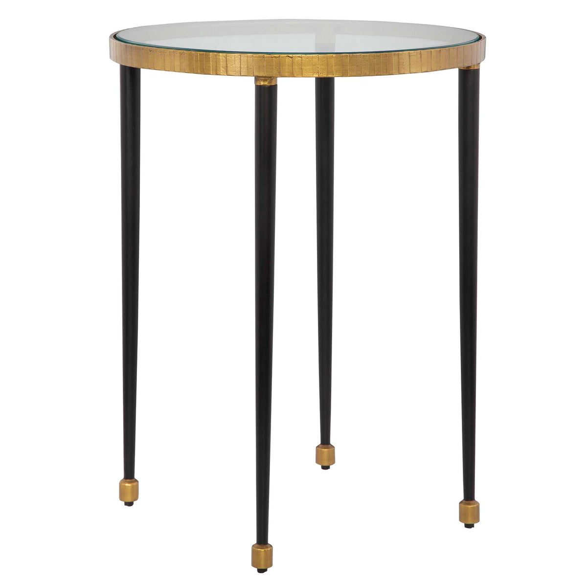 Mid Century end table with tapered black legs and petite gold accents at the feet, 23 inch high