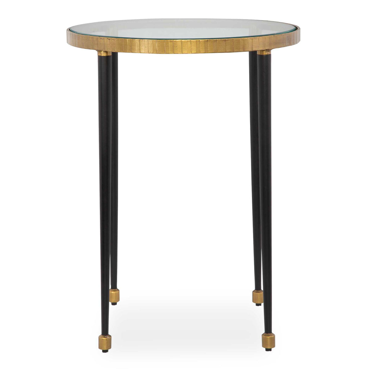 17 inch round gold accent table with glass top and tapered black legs