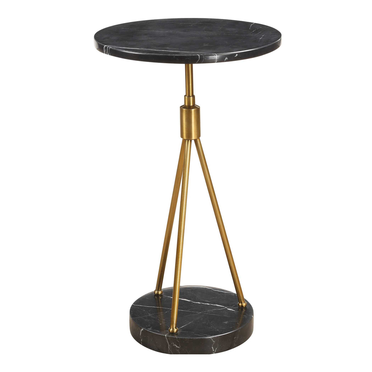 Front view of a vintage style end table, black marble top and base joined by a brass finished tripod, 24 inch high