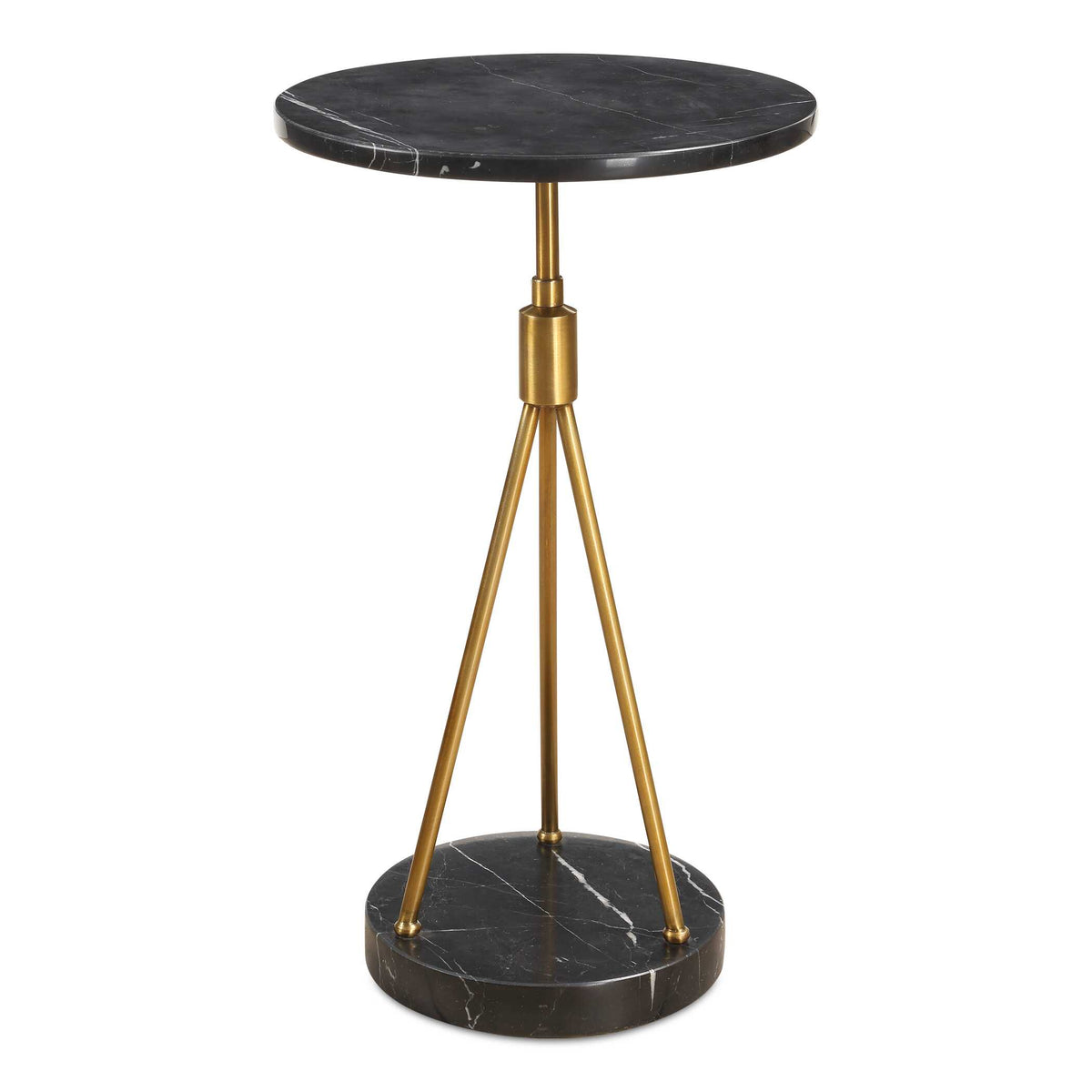 14 inch round black marble and brass tripod accent table
