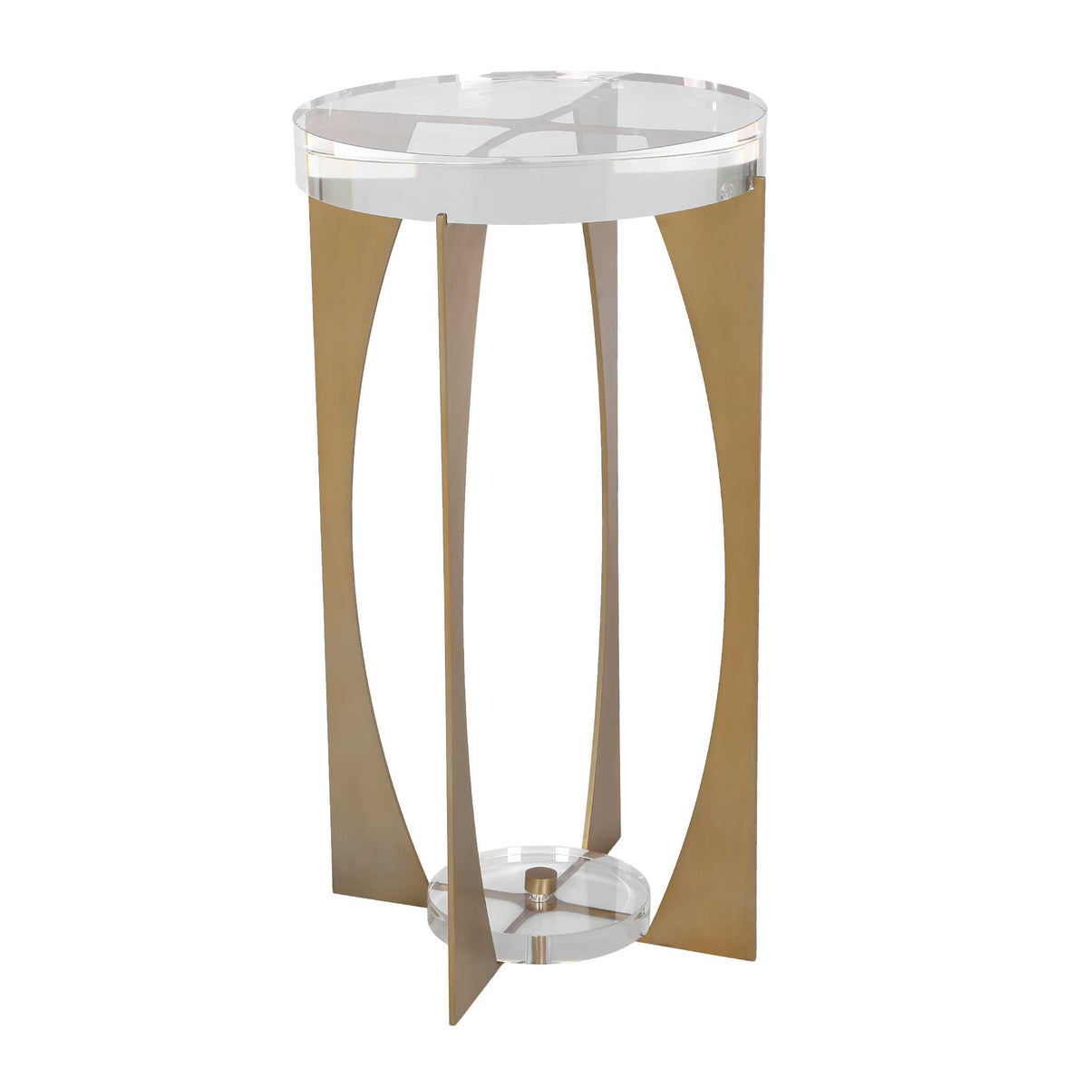 Three-quarter view of curved brass finished iron legs on a round side table, Art Deco style