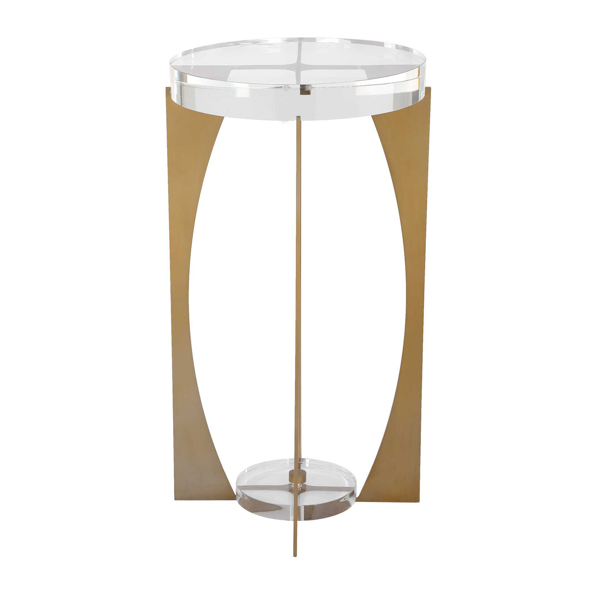 Side profile of an open frame end table with crystal top and clear acrylic base plate, 24 inch high
