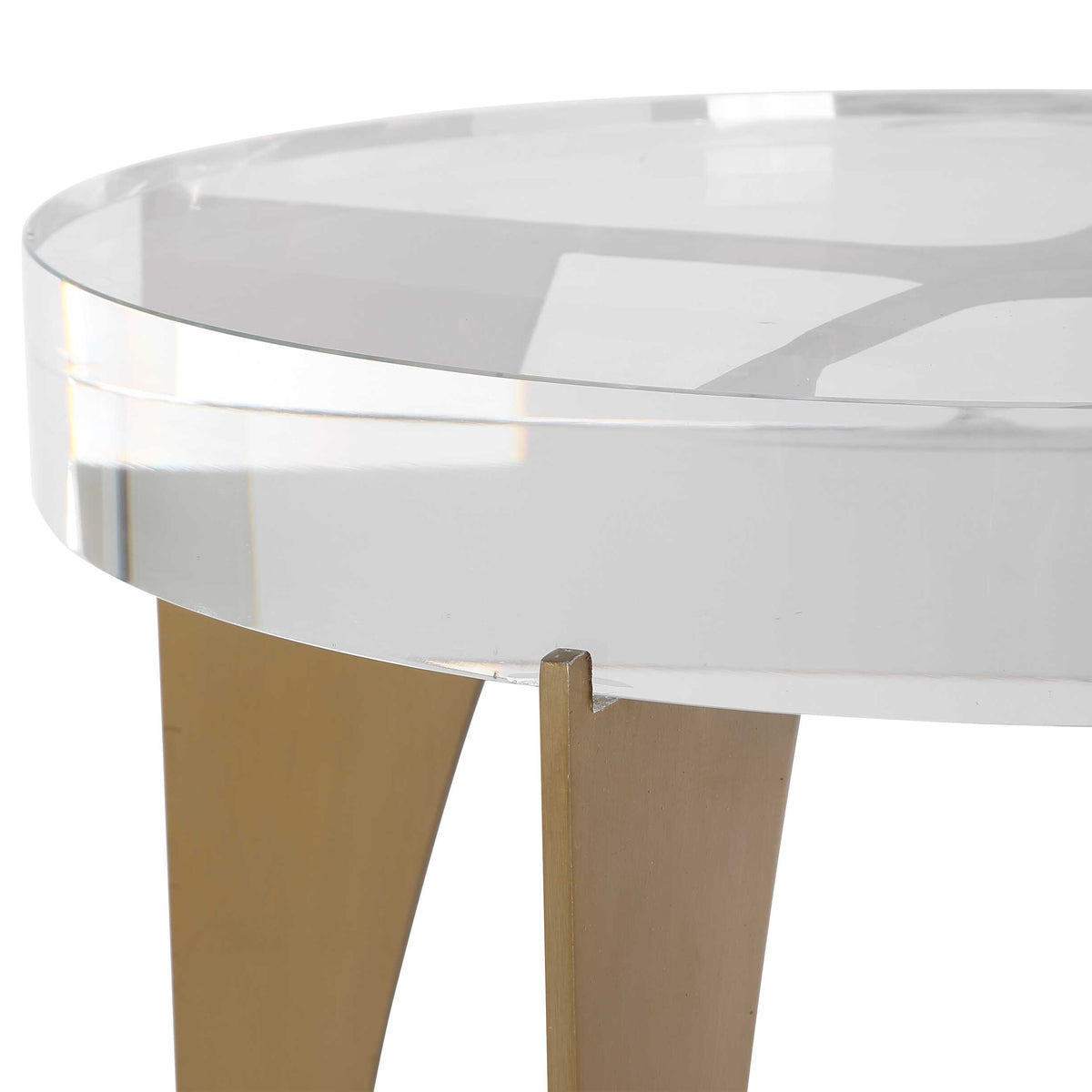 Close-up of the thick crystal top edge on a 36.47 lb brass drink table, Dark Academia