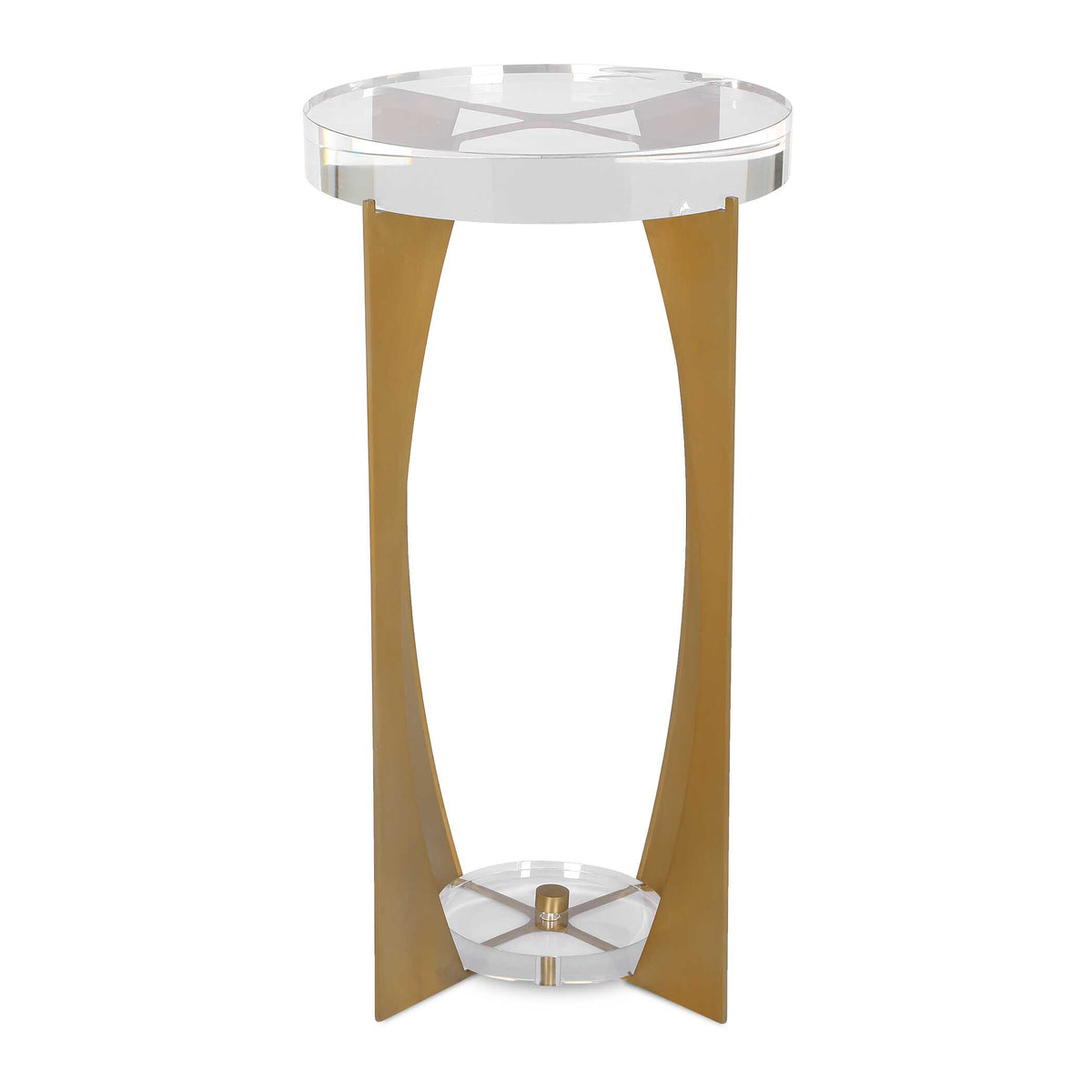 14 inch round brass and crystal drink table with open frame base, front view