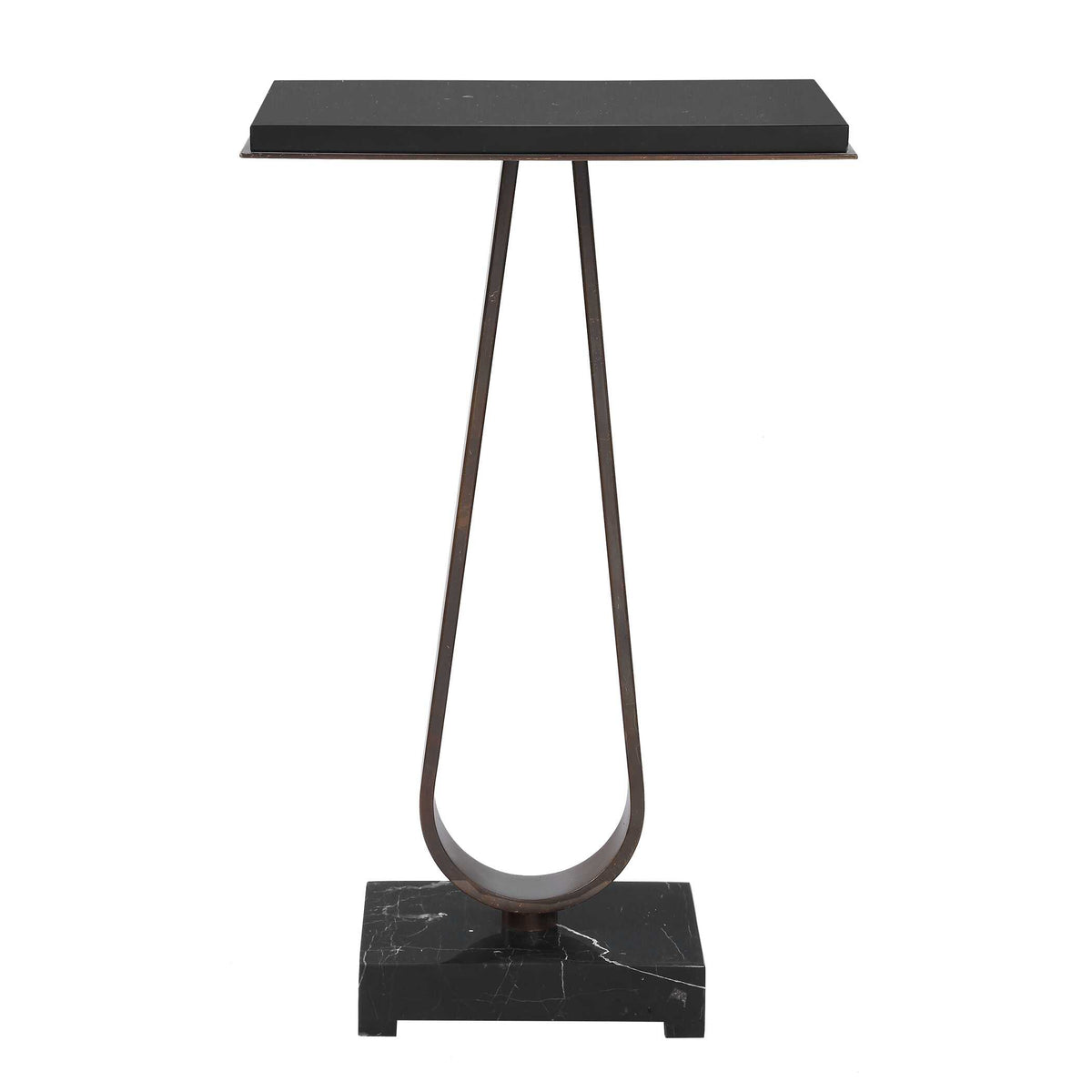 Front view of a slim dark bronze iron loop on a small accent table, 15 inch wide, 24.25 inch high