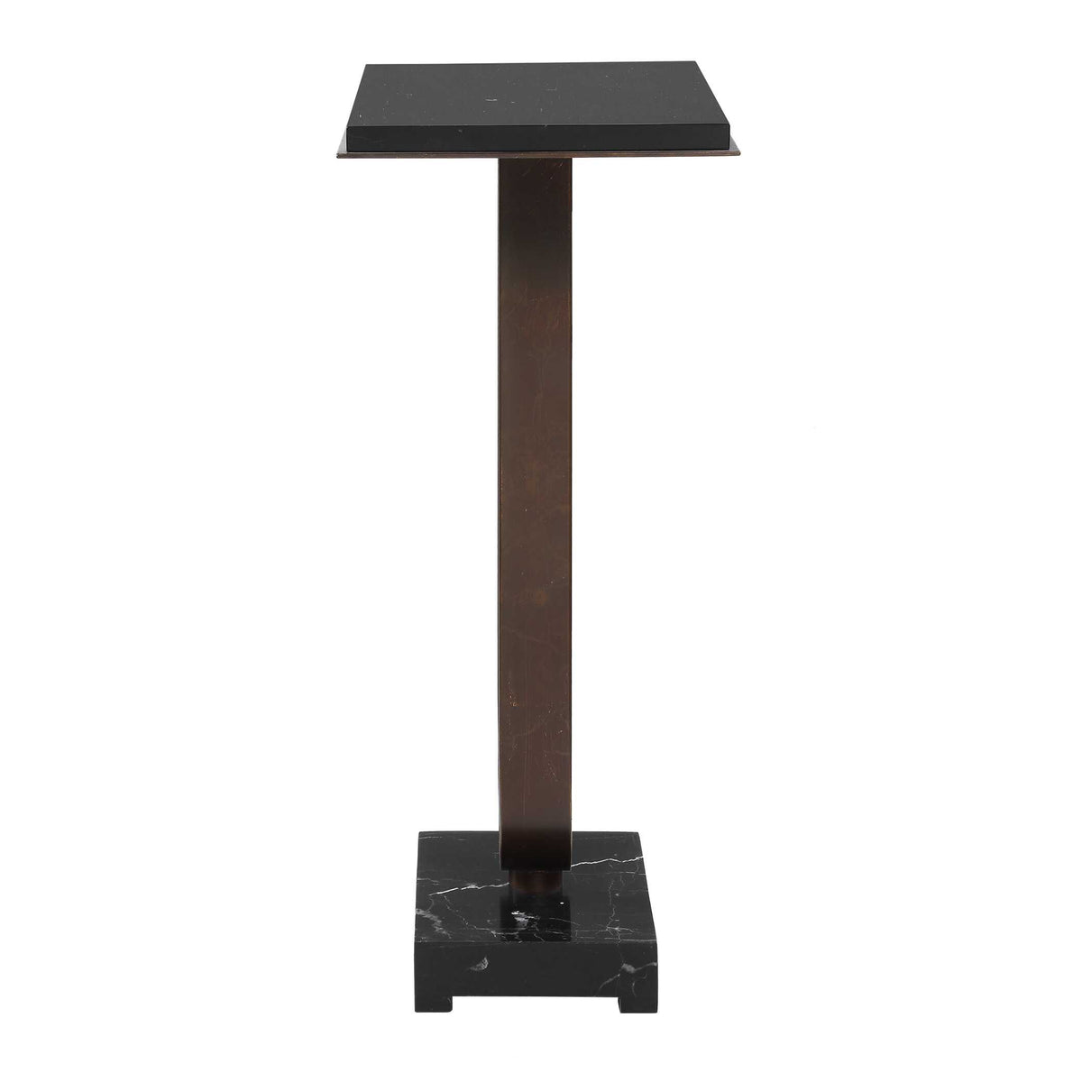 Side profile of a rectangular end table showing the 10 inch deep top and slim bronze stem