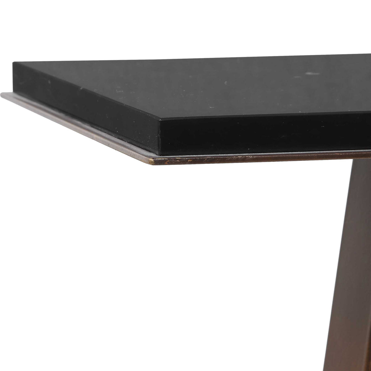 Edge view of a solid marble side table top over dark bronze iron, Old Money and vintage look