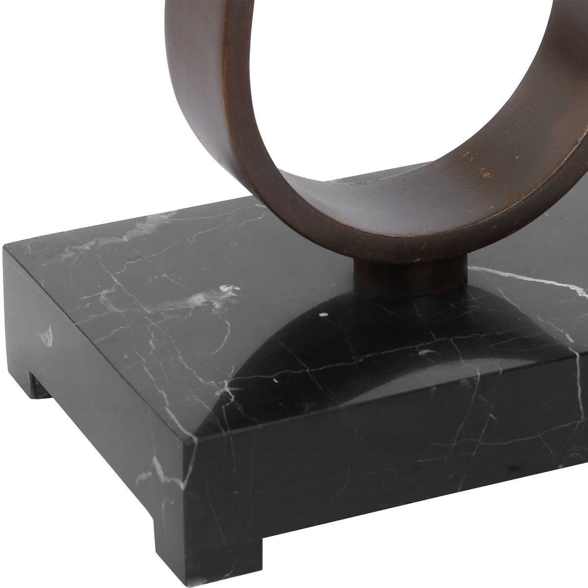 Solid black marble base with delicate white veining under a bronze loop, 27.6 lb