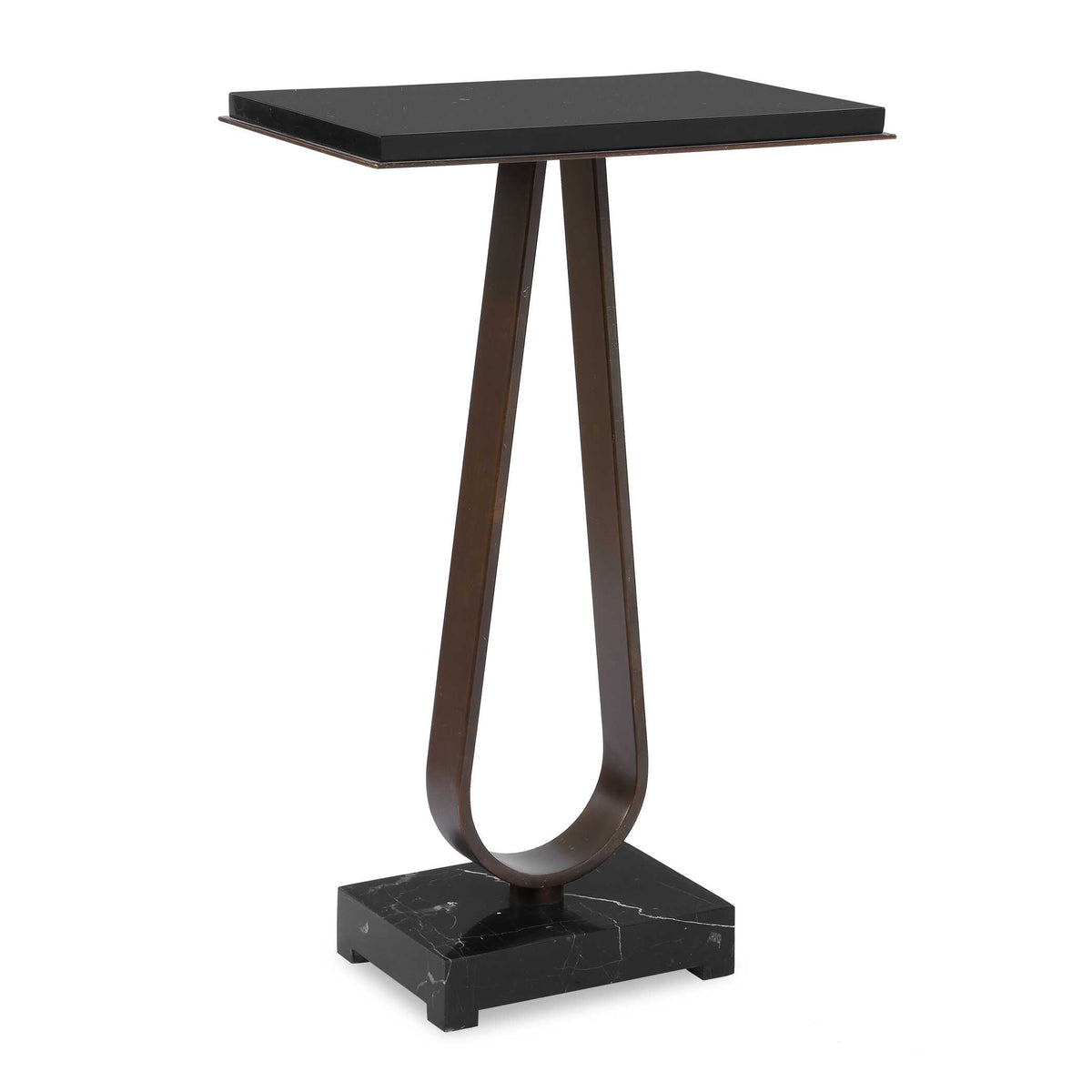 15 inch rectangular black marble accent table with a dark bronze frame