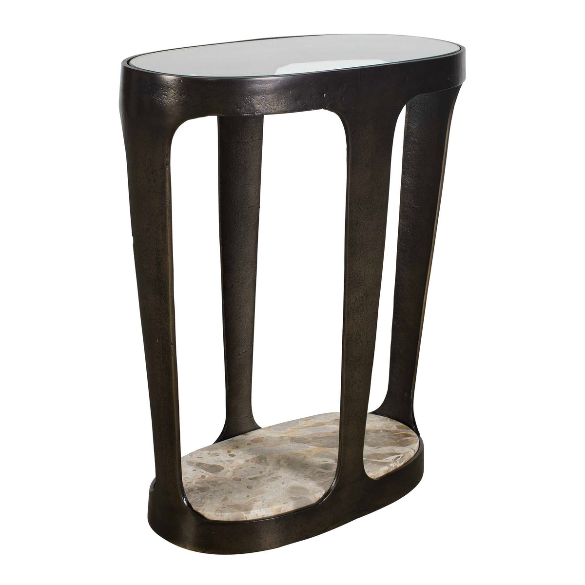 Angled view of a dark bronze drink table, 20 inch W x 10 inch D x 24 inch H, Organic Modern style