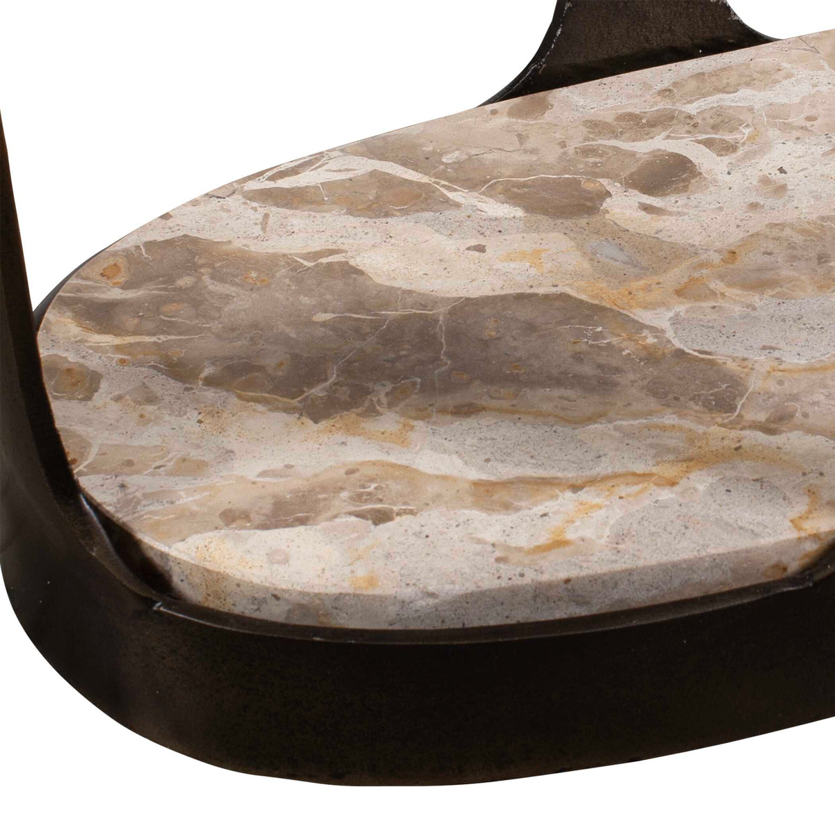 Lower marble shelf with subtle neutral veining on a dark bronze end table, 20 lb