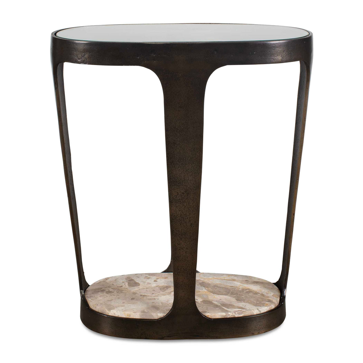 20 inch round dark bronze accent table with a glass top and marble shelf