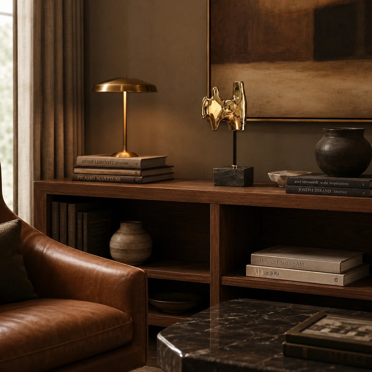 Living room with brown leather sofa, wooden shelf with books and decor, and a gold lamp.