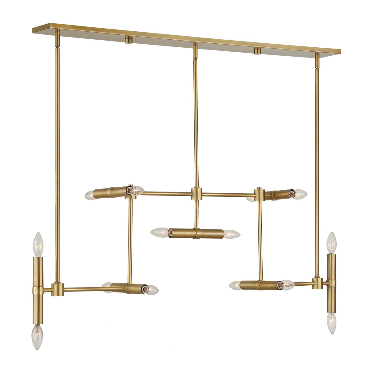 46 inch antique brass modern 14-light linear pendant light, three-quarter view