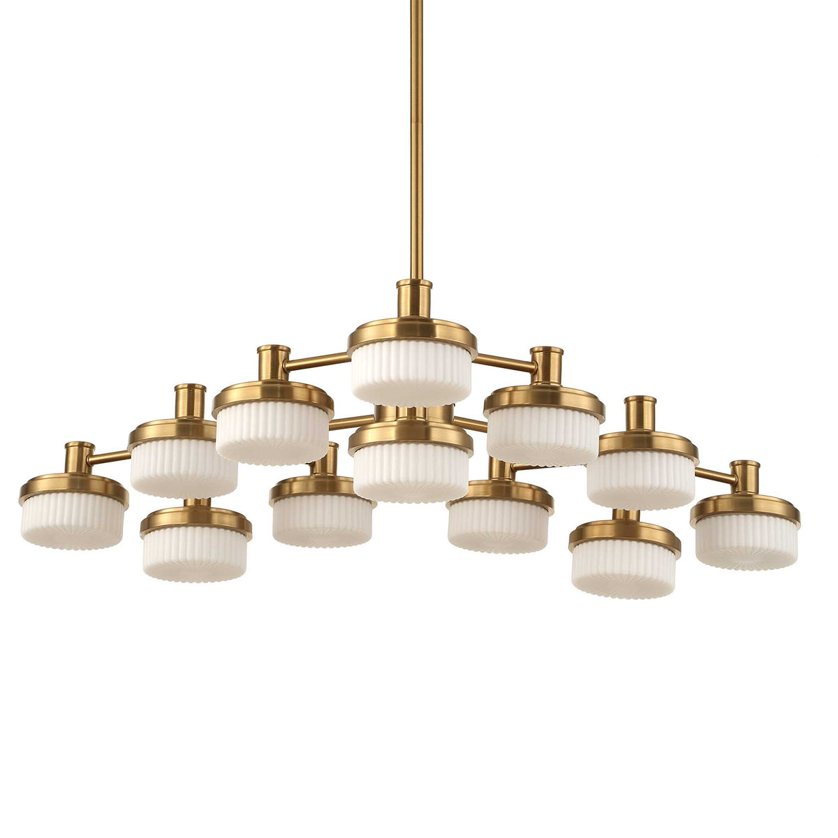 Mid-century modern chandelier, twelve white glass shades on warm brass arms, unlit