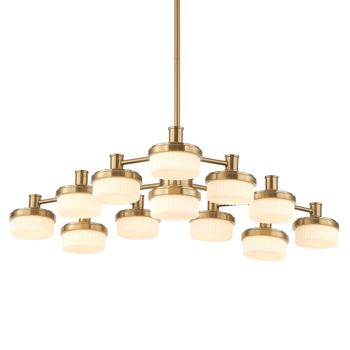 41 inch brass 12-light LED chandelier with white opal glass shades