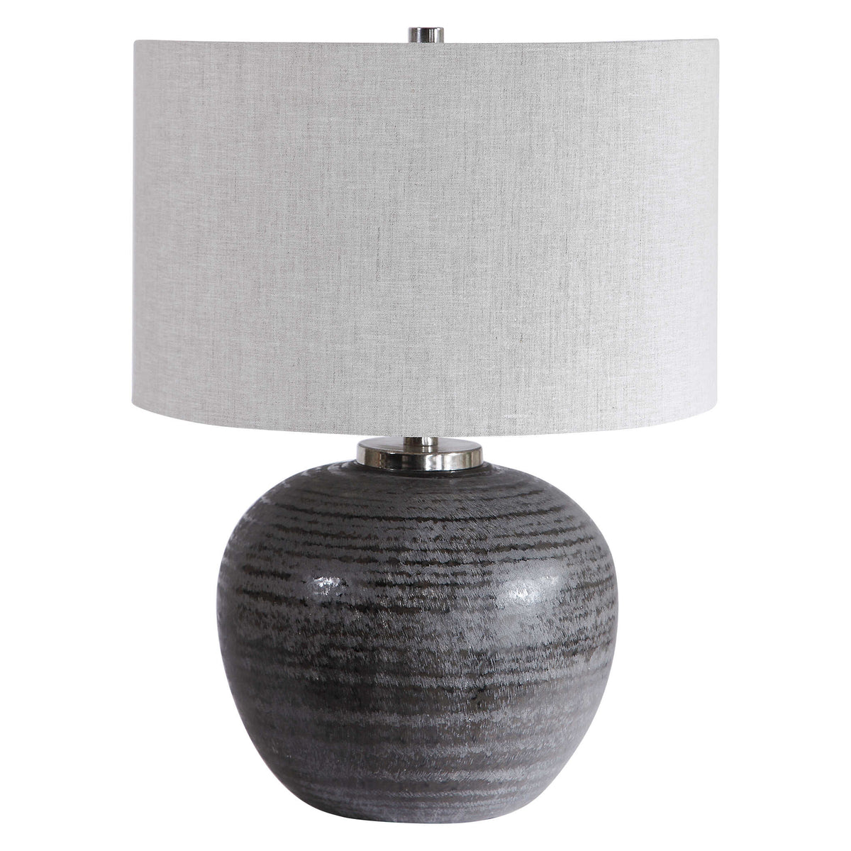Charcoal glaze ceramic living room lamp with etched stripe texture and natural linen round drum shade