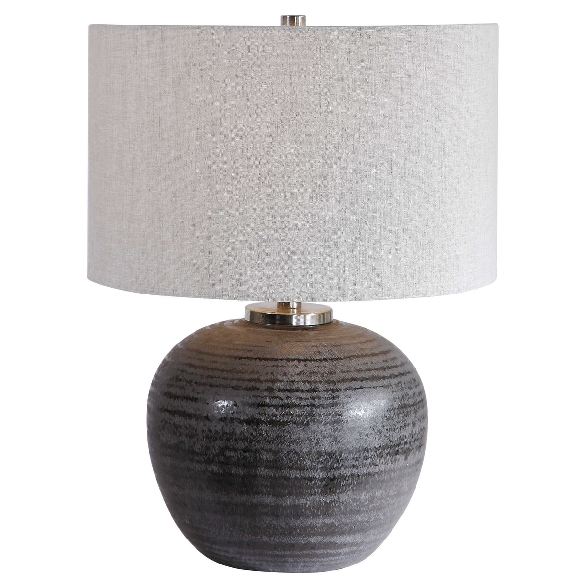 22" Gray Textured Ceramic Table Lamp with Natural Linen Drum Shade