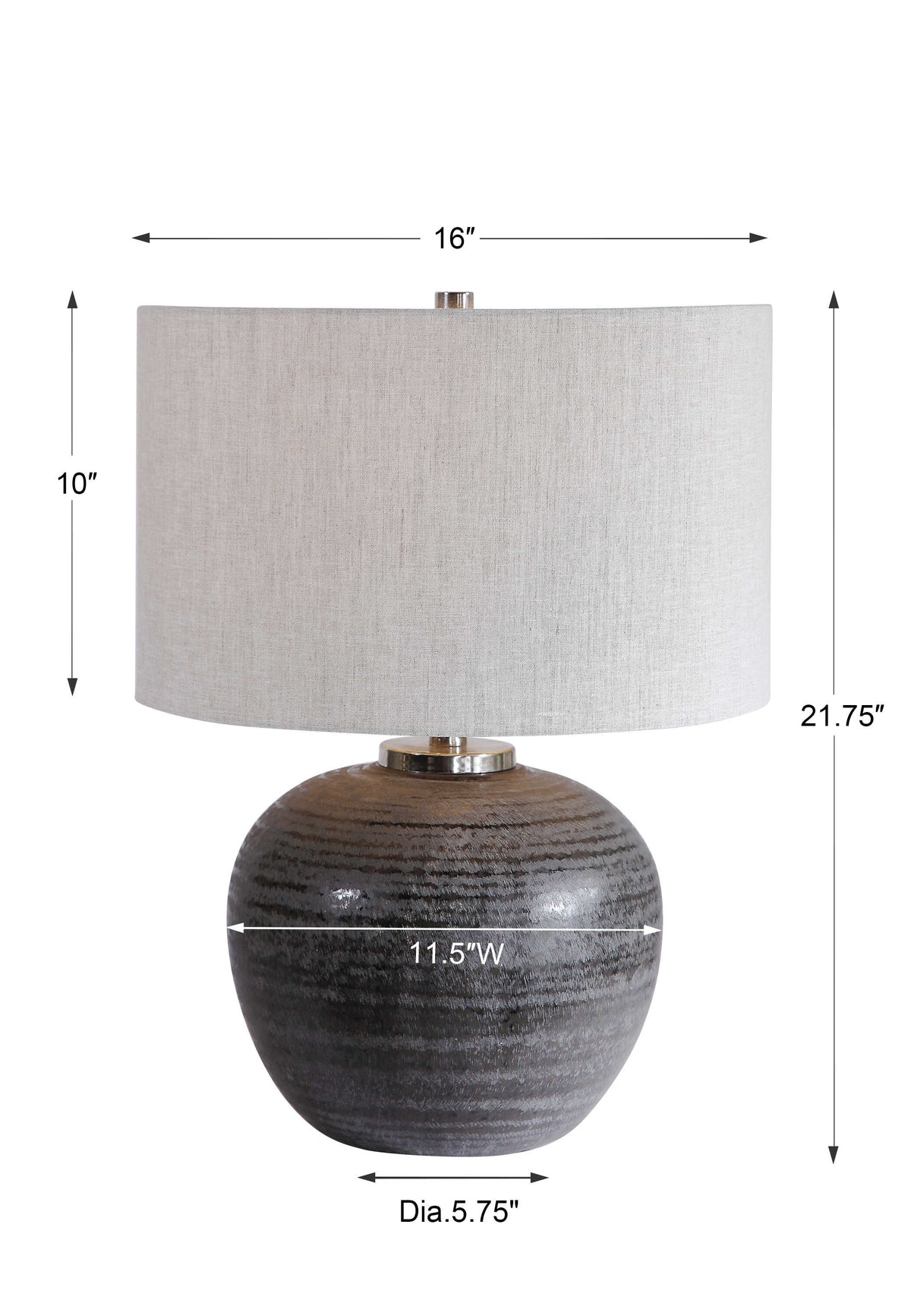Gray textured ceramic table lamp dimensions, 16 x 16 x 21.75 inches, 10 inch tall shade and 11.5 inch wide base