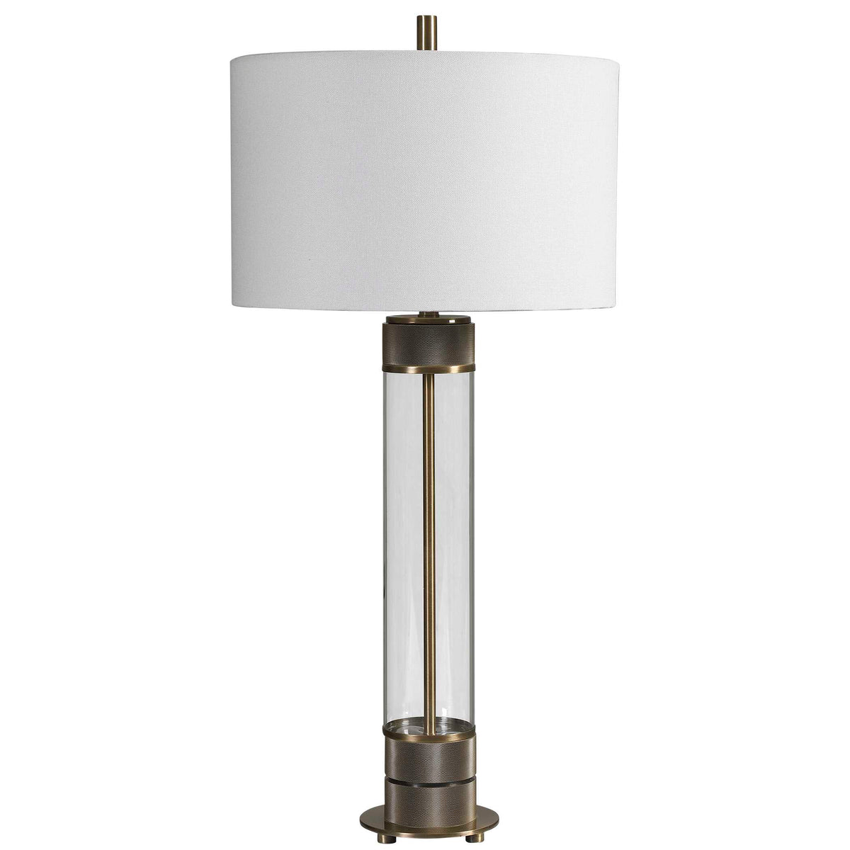 Tall 35 inch living room lamp with a slim clear glass column and antiqued brass collar and foot, front view