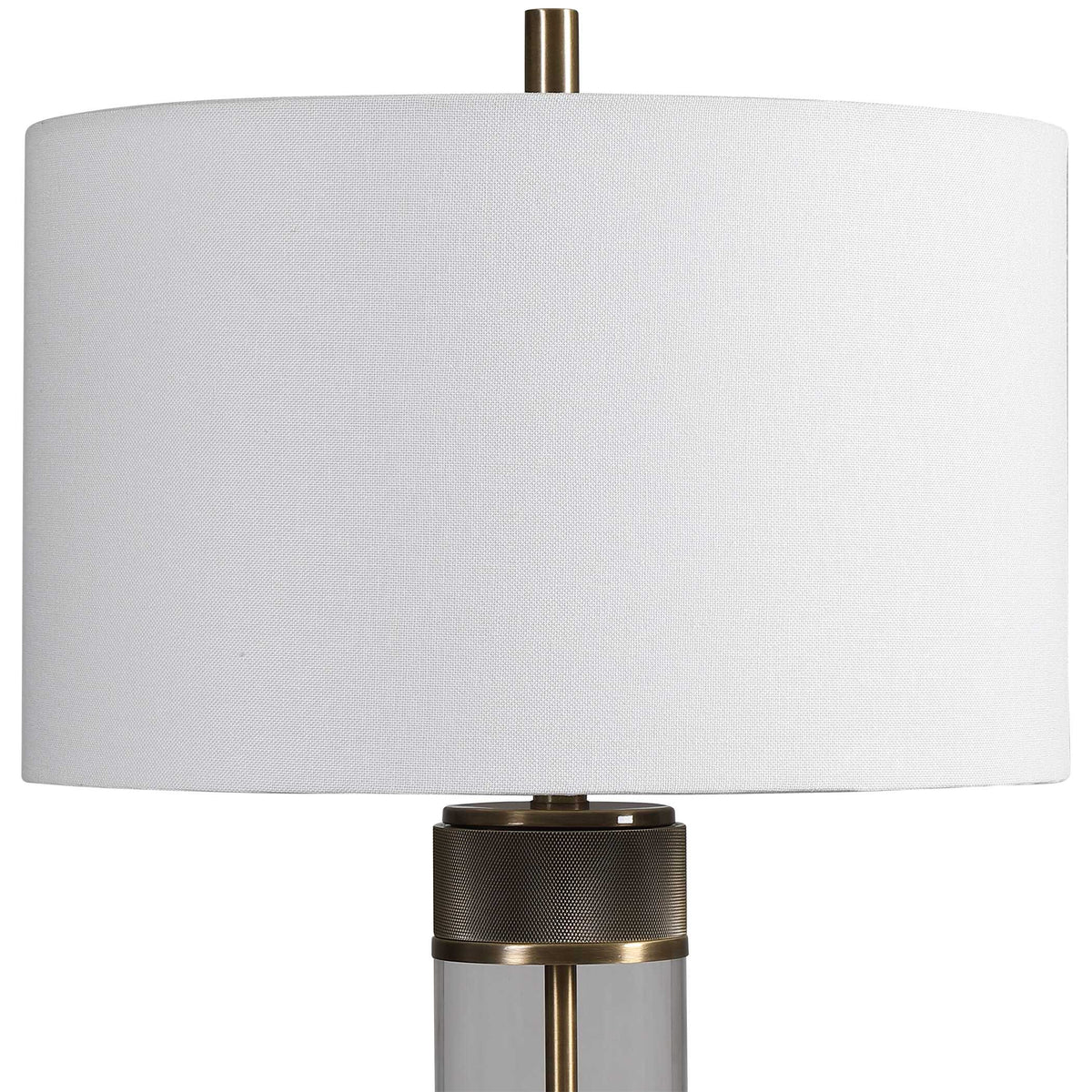 Round white drum hardback shade on a Dark Academia glass and brass table lamp, 16 inches across