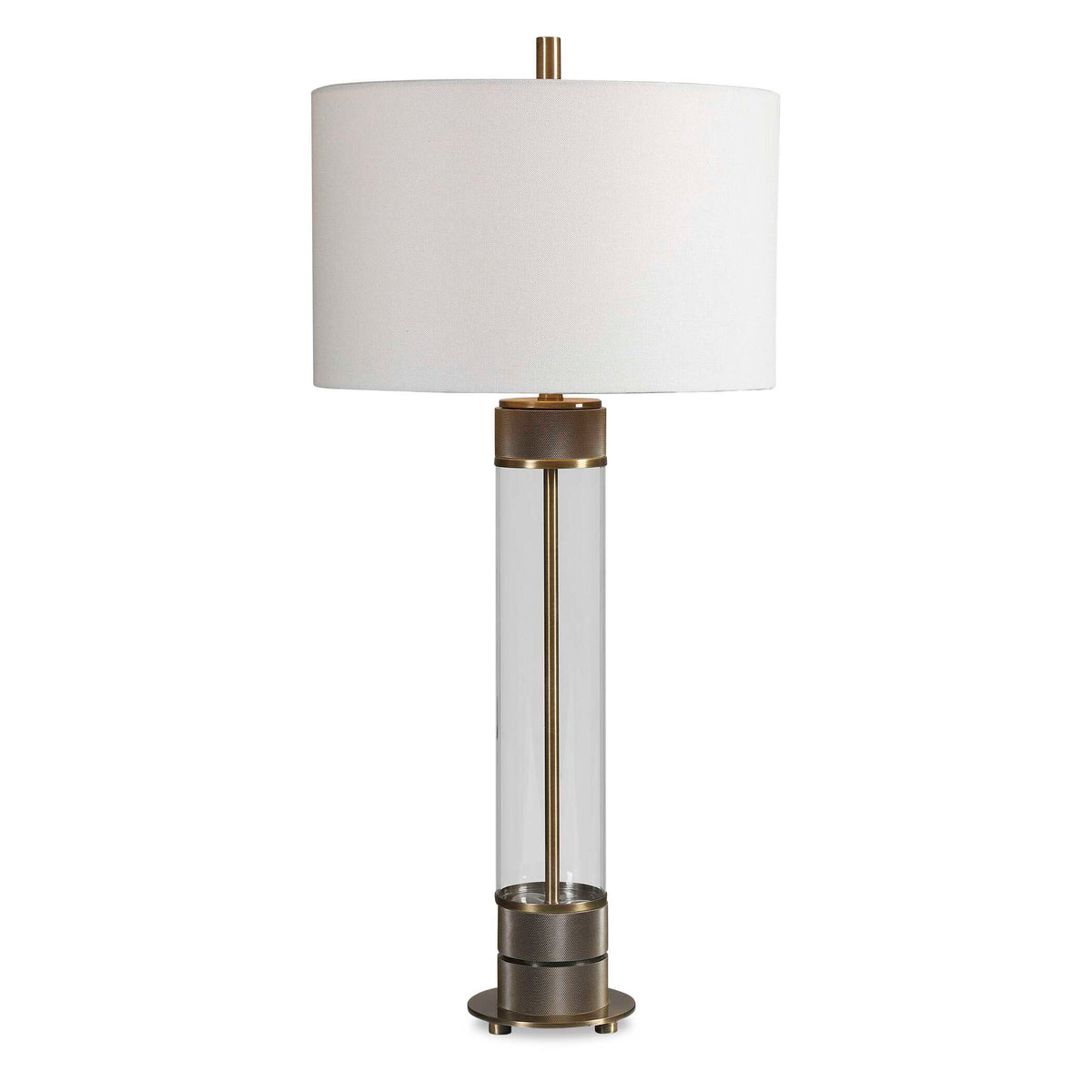 35 inch clear glass and antique brass table lamp with white drum shade