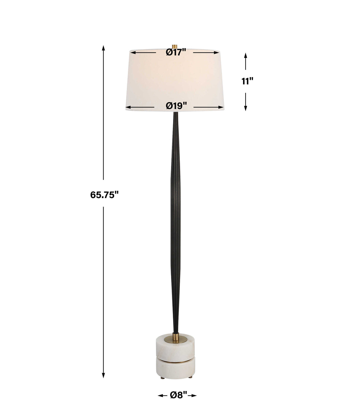Floor lamp dimensions, 19 x 19 x 65.75 inches, 11 inch tall shade, 8 inch round marble base