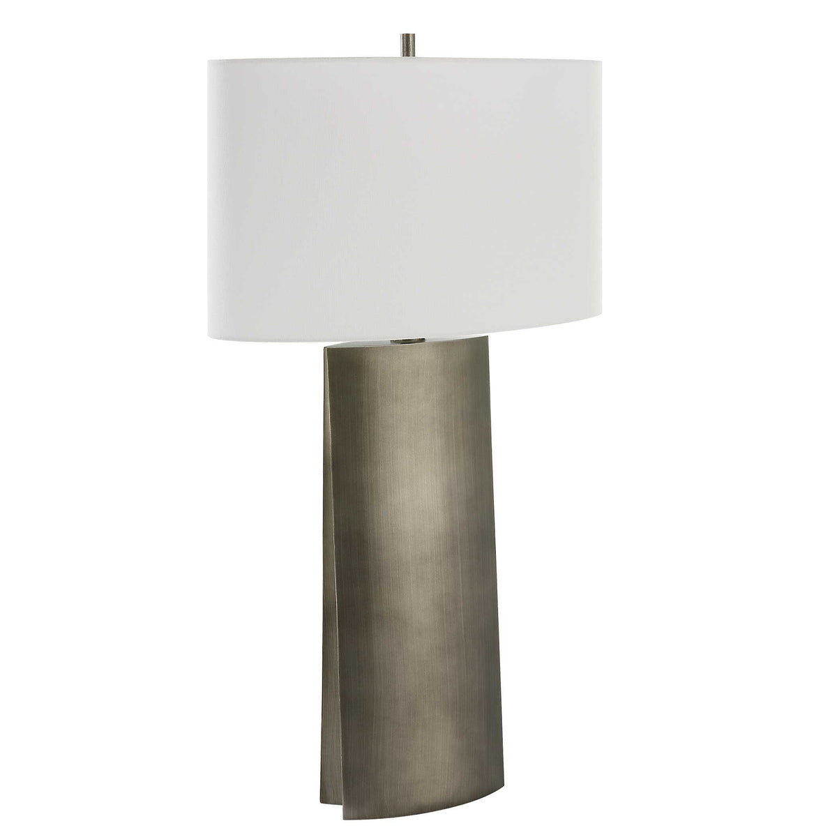 Front view of a tapered Dark Steel Gray iron bedside lamp with white oval drum shade and a deep channel down each side
