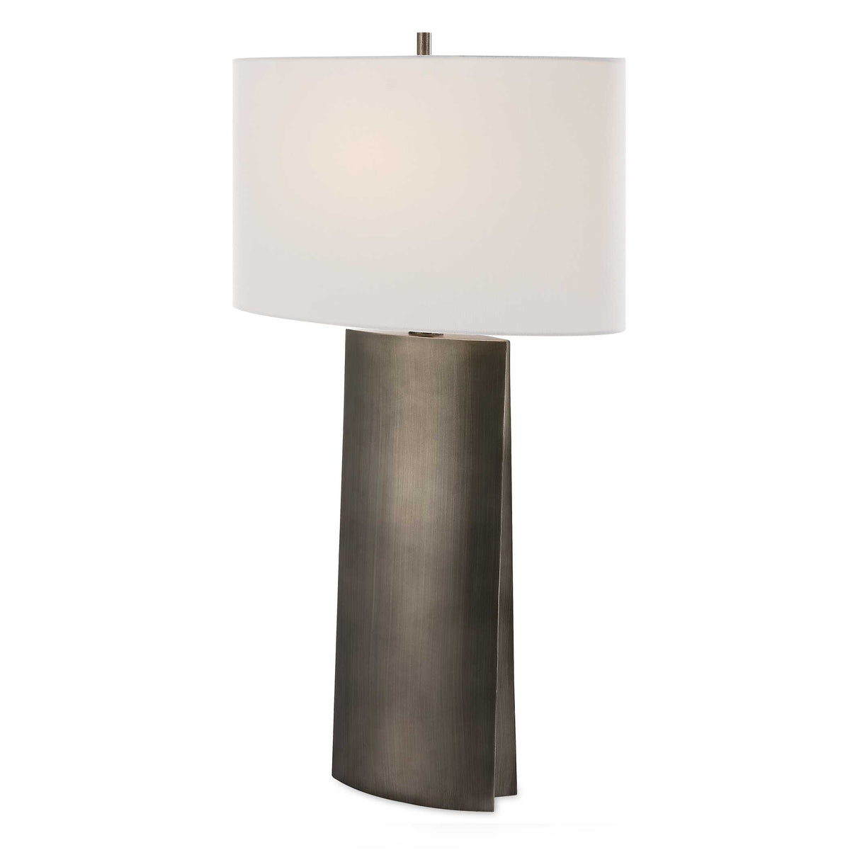 33 inch sculptural dark gray iron table lamp with oval linen shade